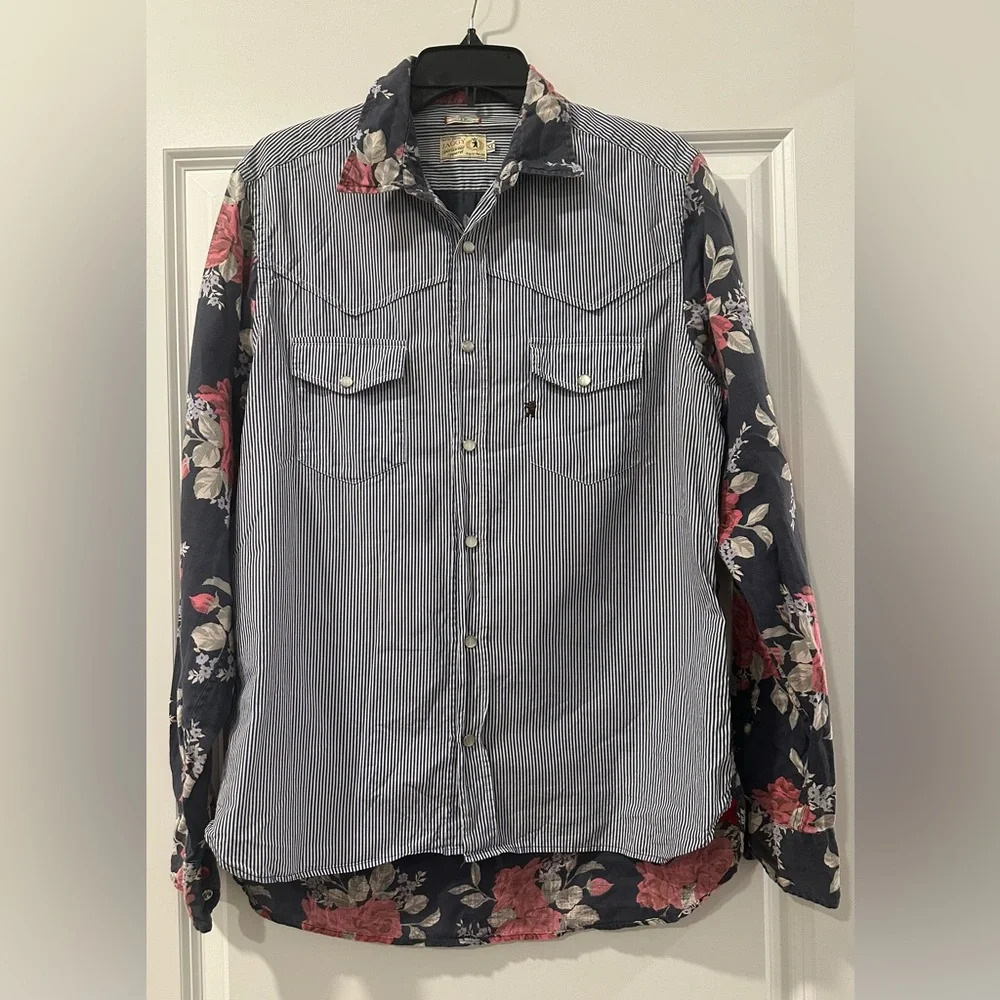 Jaggy Sportswear Linen Floral Striped Pearl Snap Shirt, Medium
